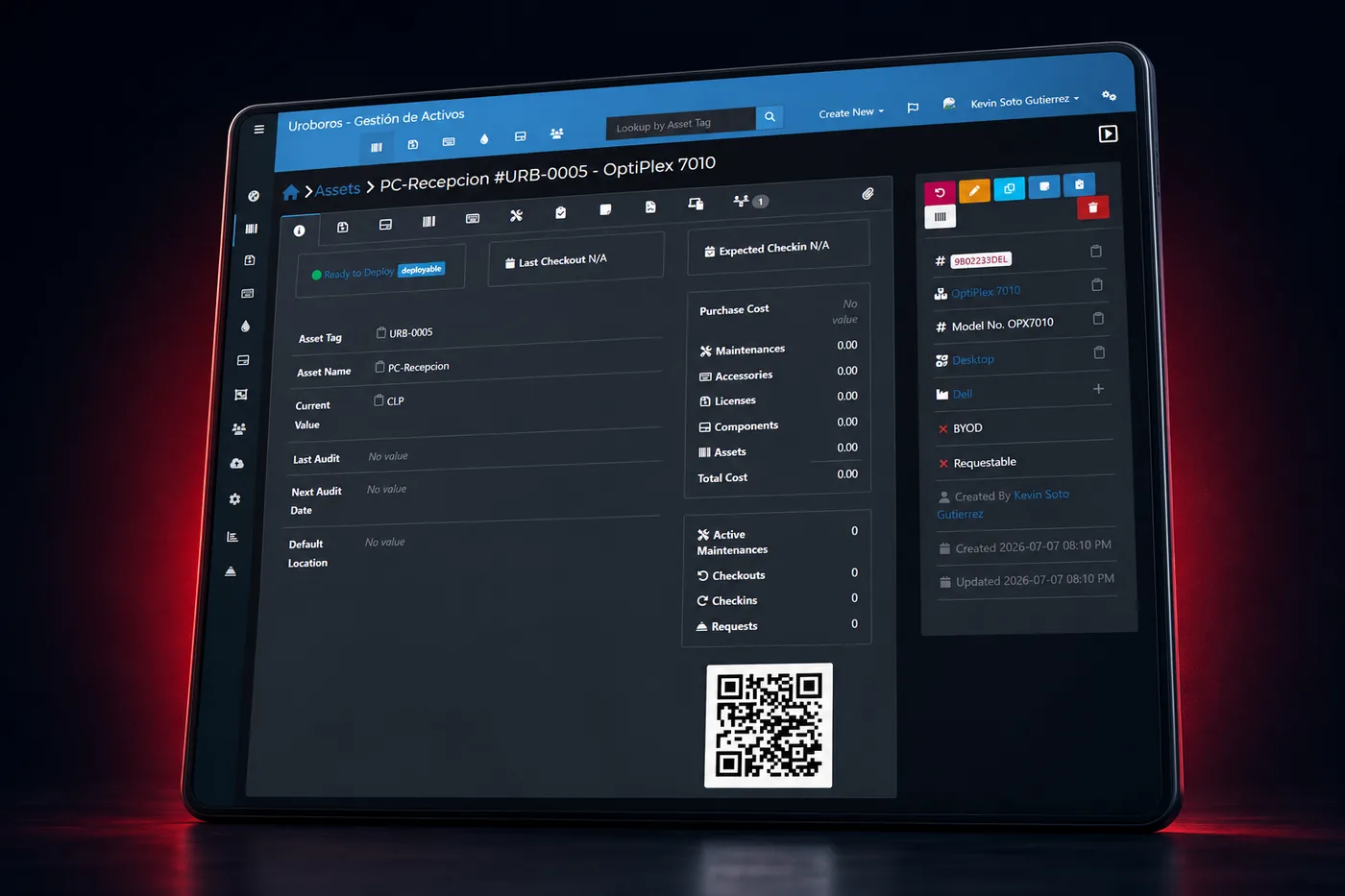 Ficha detallada de un activo en Snipe-IT con su información, estado, historial y código QR