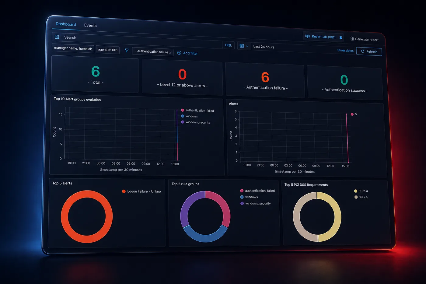 Panel SIEM de Wazuh con conteo de alertas, eventos de seguridad y cumplimiento PCI DSS